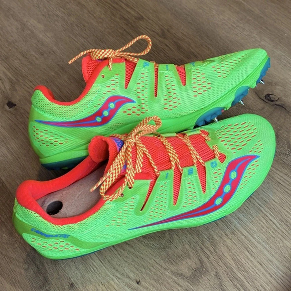 EUC Saucony Carrera XC3 Women’s Spikes in fluorescent green and orange size 11 - Picture 7 of 10
